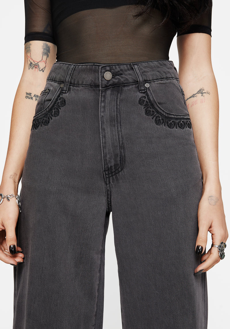 Nara Wide Leg Distressed Gothic Embroidery Jeans