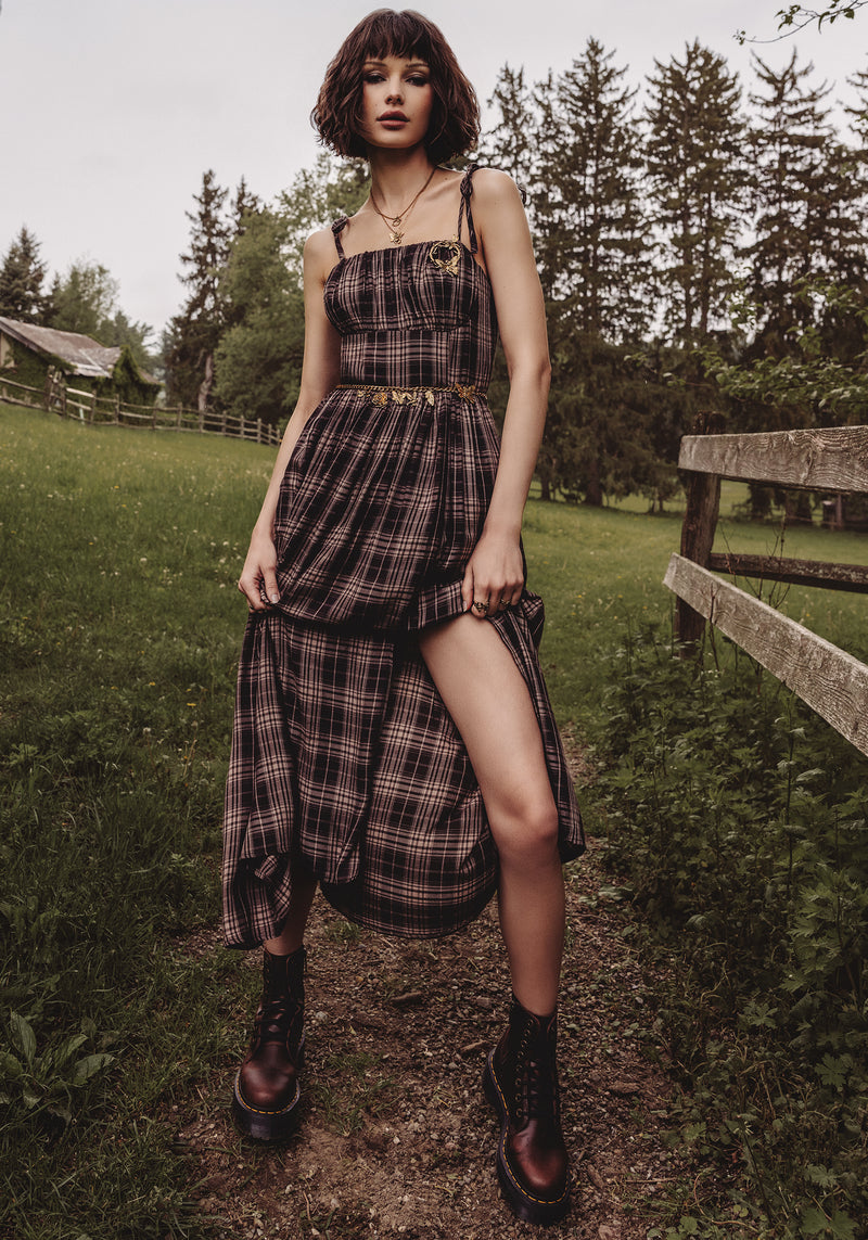 Adra Check Cami Tie Strap Midi Dress