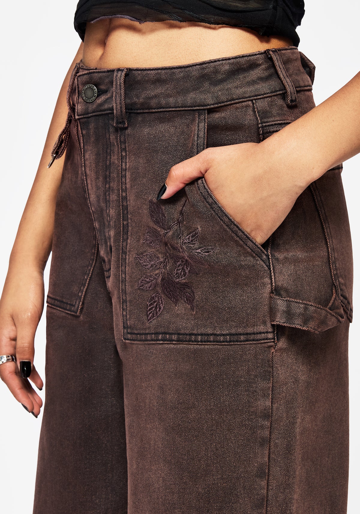 Echo Autumnal Leaf Embroidered Pocket Detail Cropped Jeans