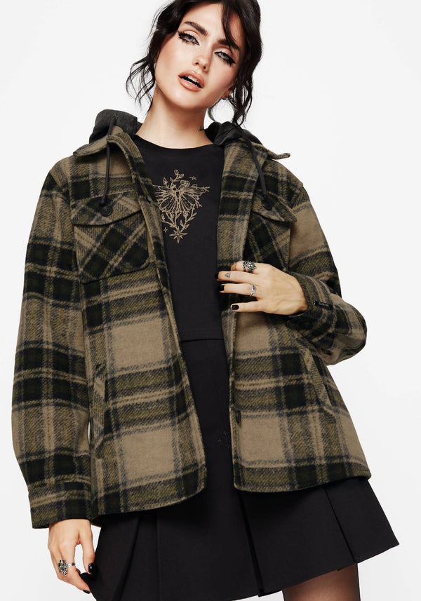 Trellis Hooded Pocket Check Shacket - Green