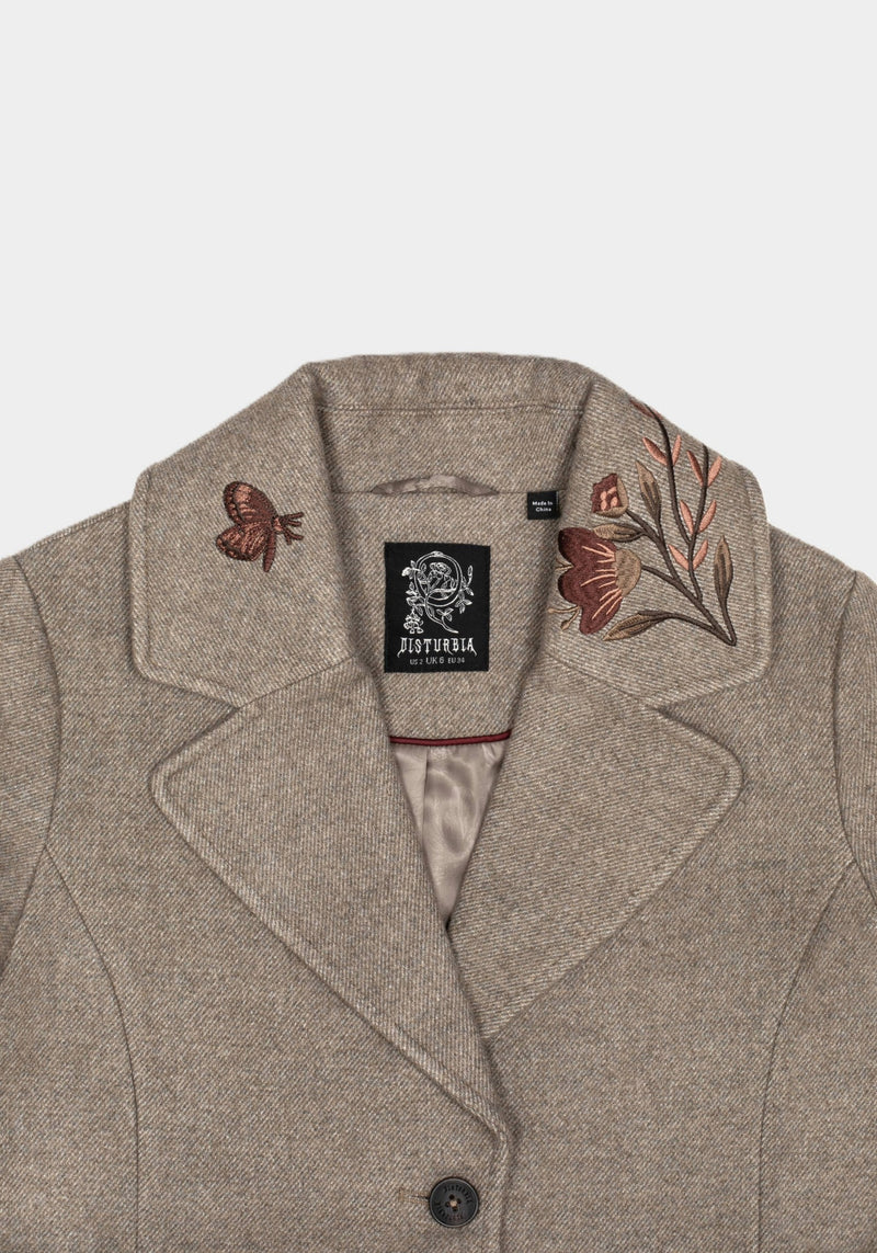 Valeria Floral Moth Embroidered Herringbone Longline Coat