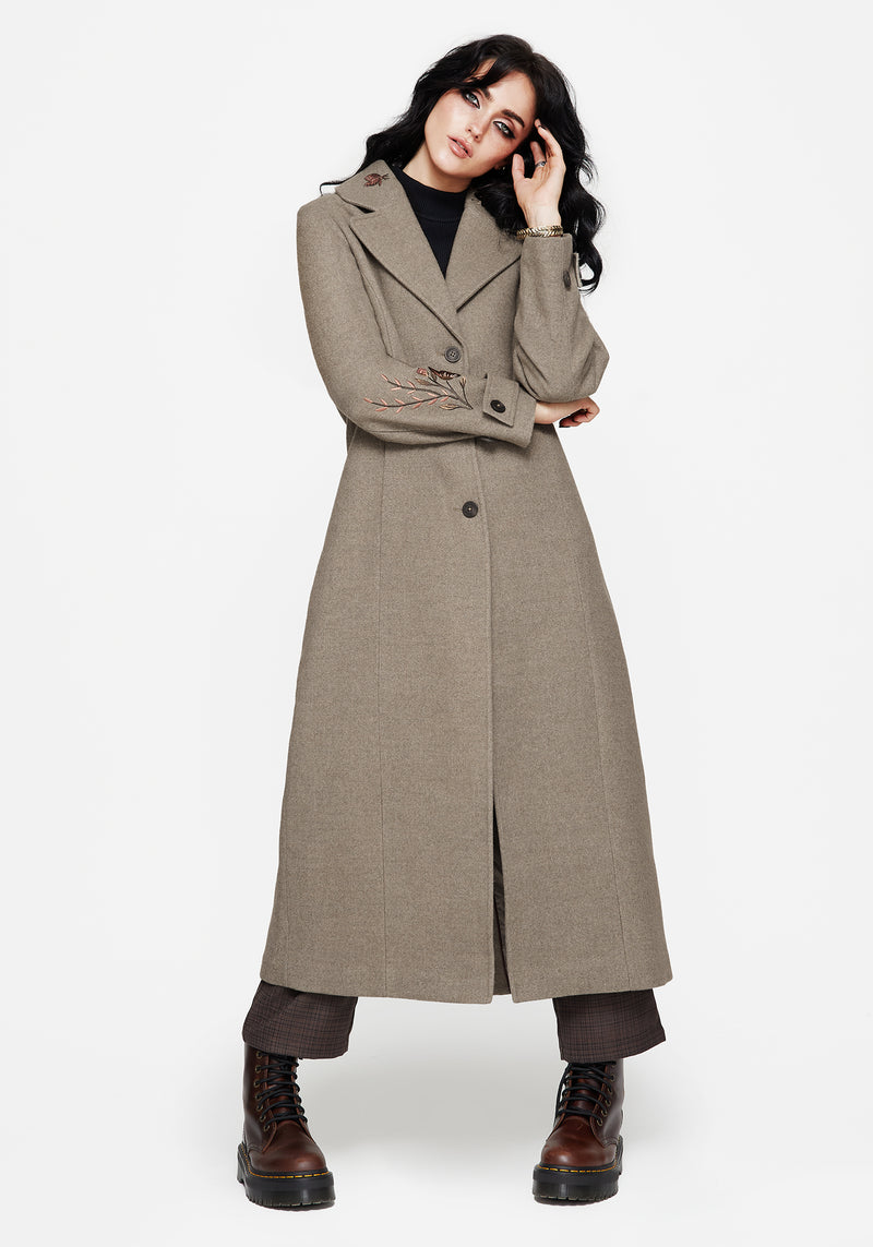 Valeria Floral Moth Embroidered Herringbone Longline Coat