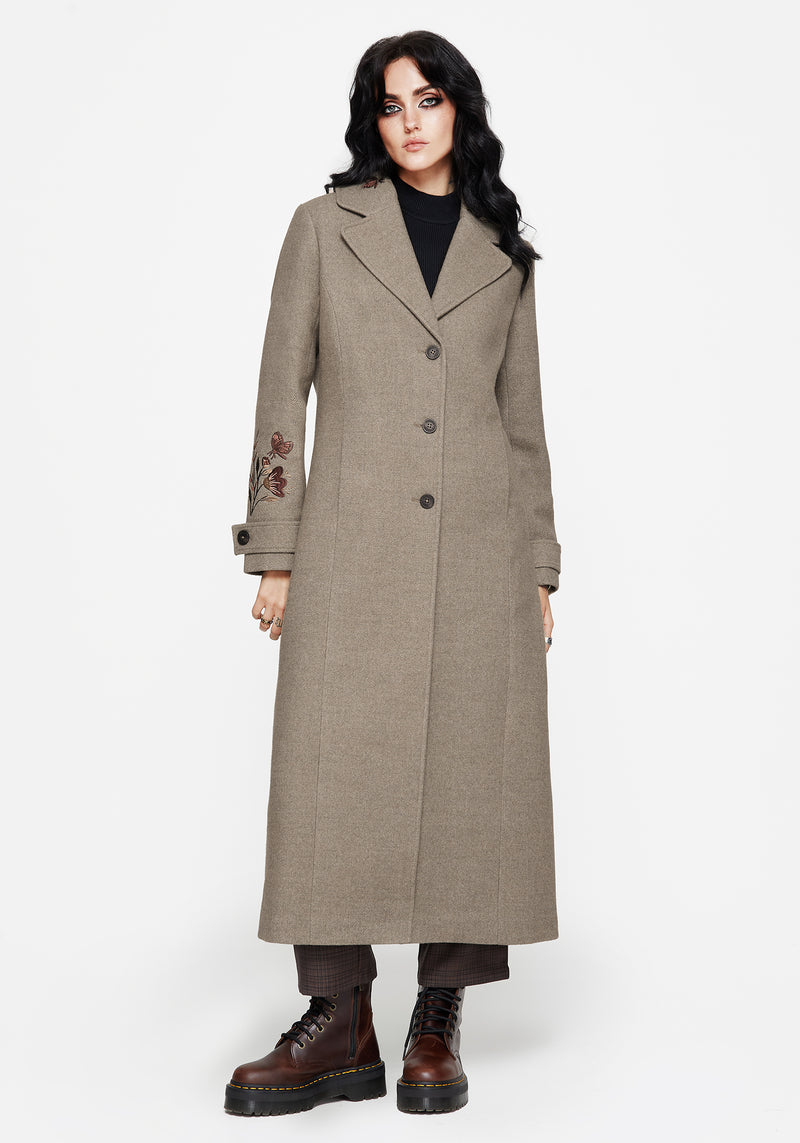 Valeria Floral Moth Embroidered Herringbone Longline Coat