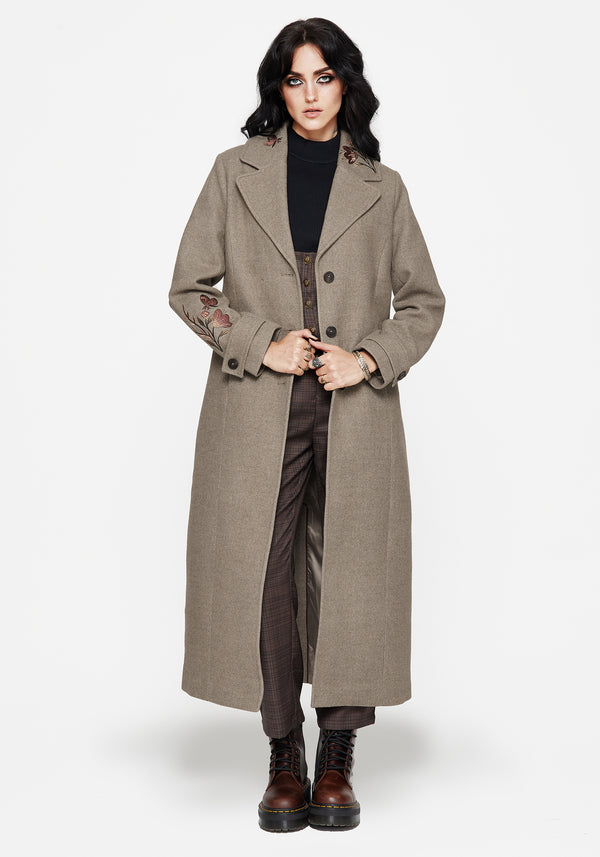 Valeria Floral Moth Embroidered Herringbone Longline Coat