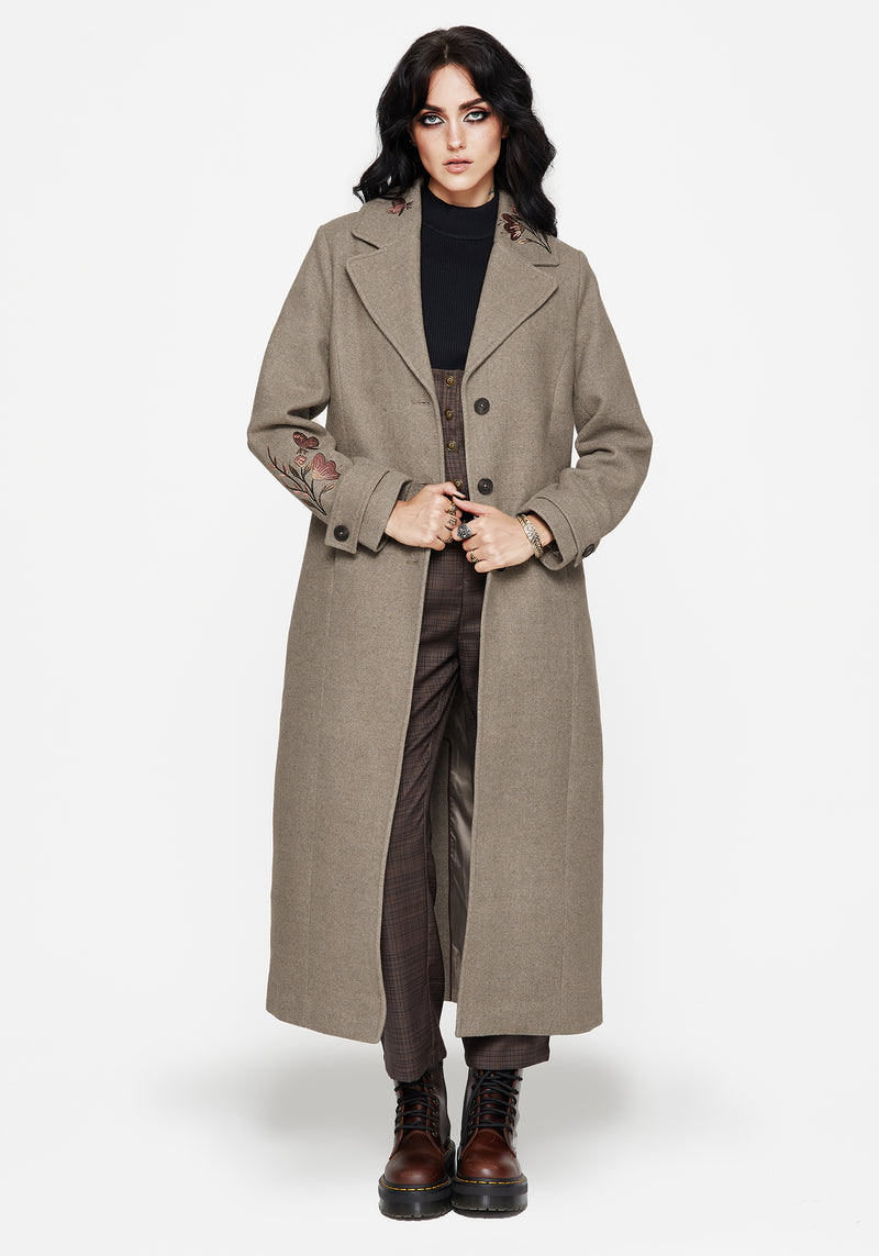 Valeria Floral Moth Embroidered Herringbone Longline Coat