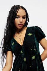 Swamplife Frog Embroidered Velour Button Up Mini Dress