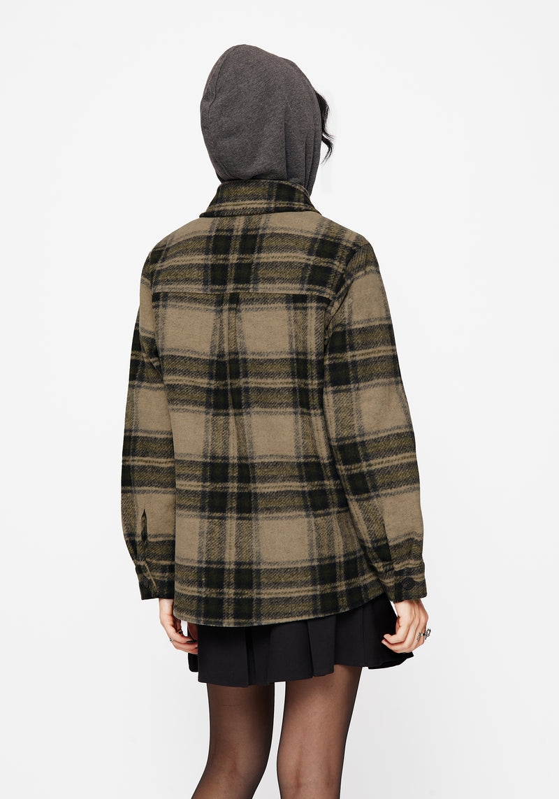 Trellis Hooded Pocket Check Shacket - Green