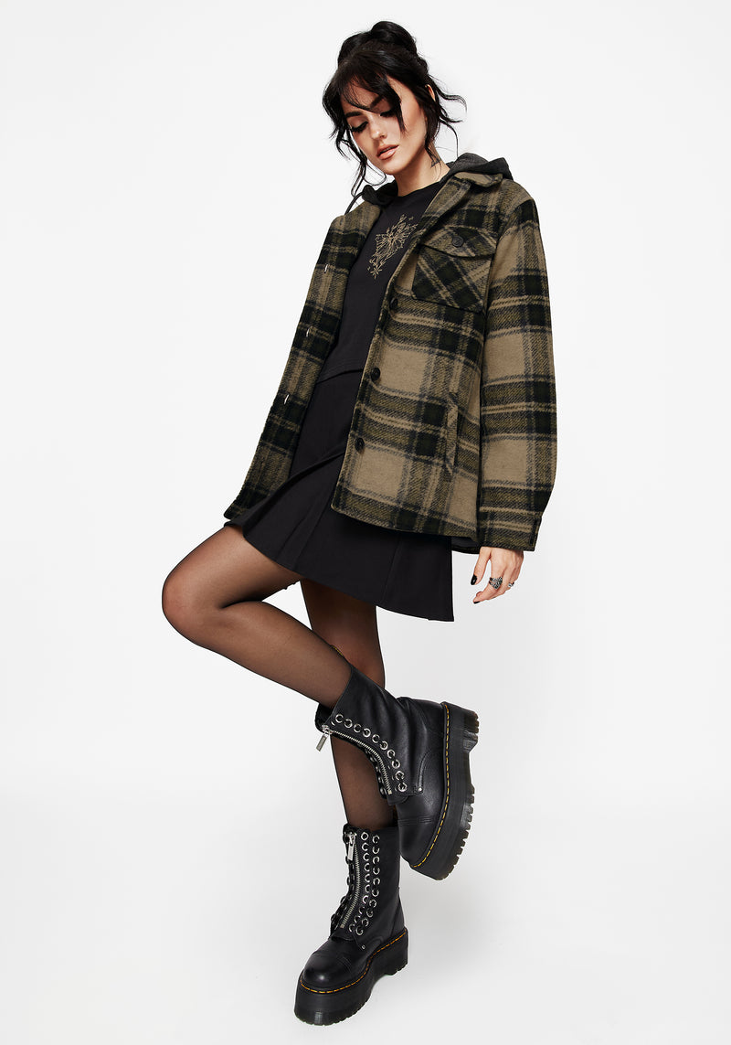 Trellis Hooded Pocket Check Shacket - Green