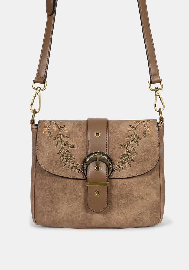 Physis Faux Suede Fern Embroidered Shoulder Bag