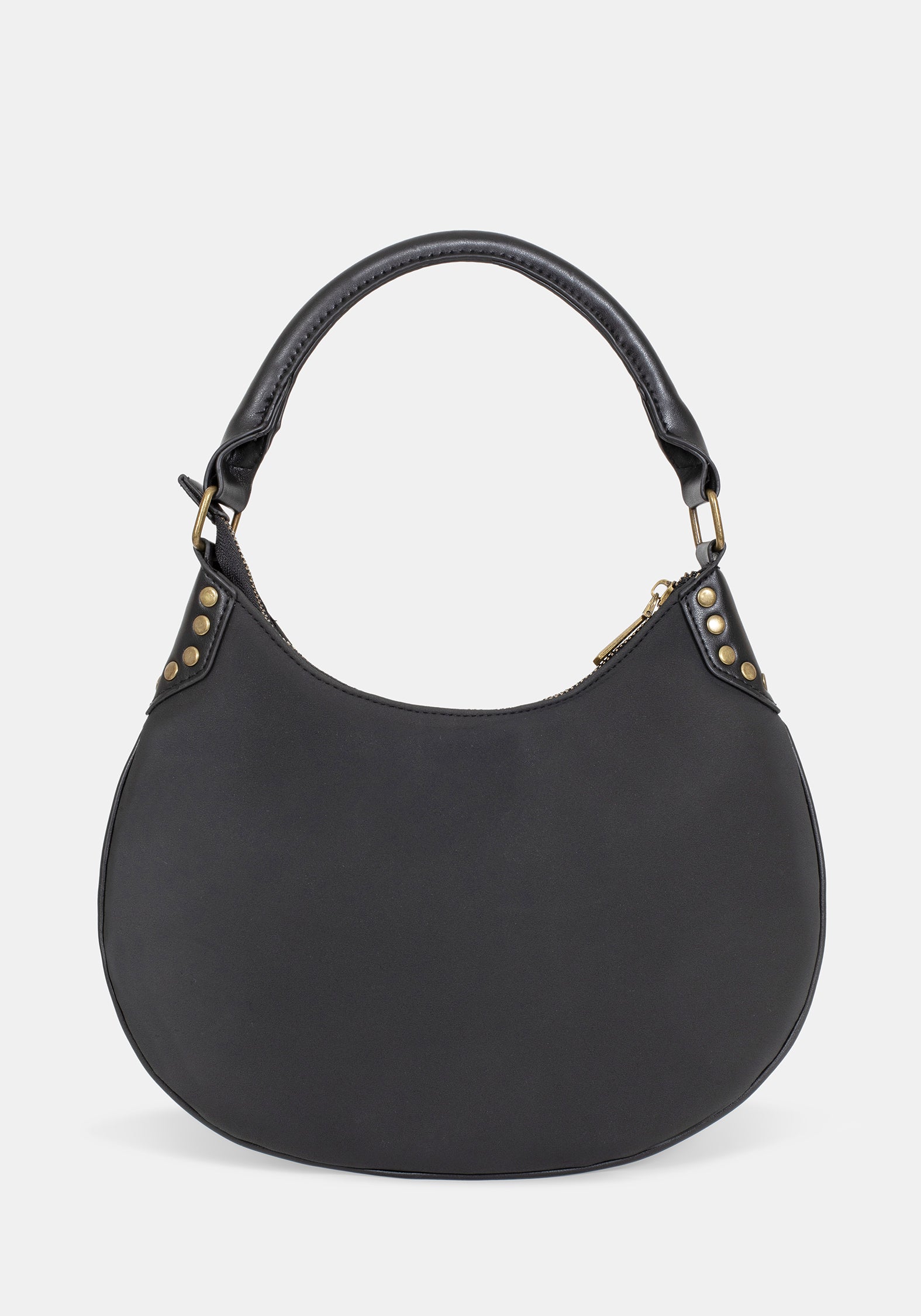 Black handbag with gold accents on a white background