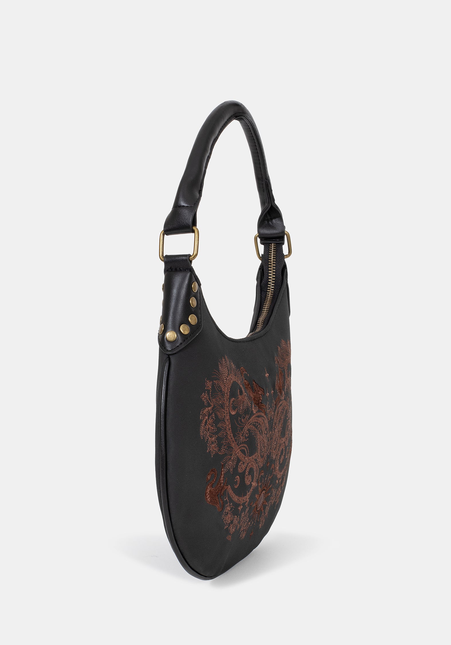 Small black handbag with intricate brown embroidery on a white background