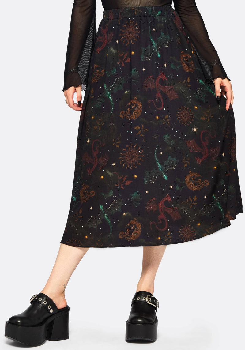 Phoenix Dragon Printed Pleated Midi Skirt