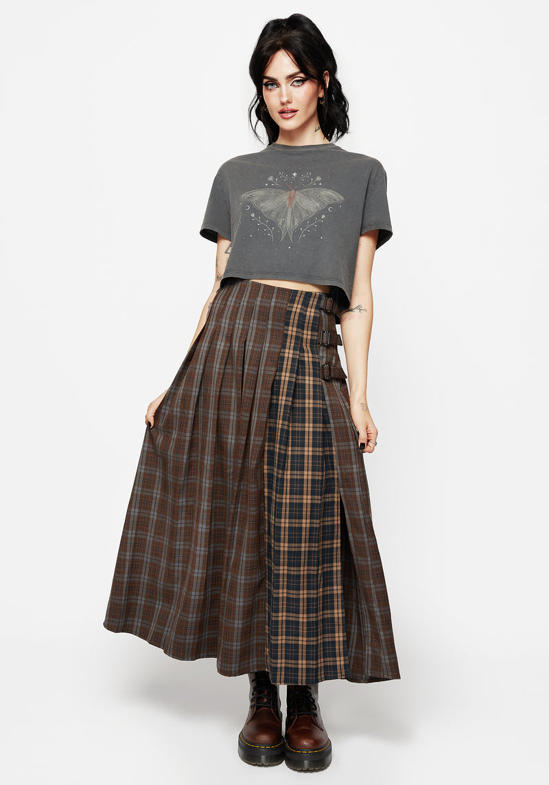 Raven Pleated Check Buckle Detail Maxi Skirt