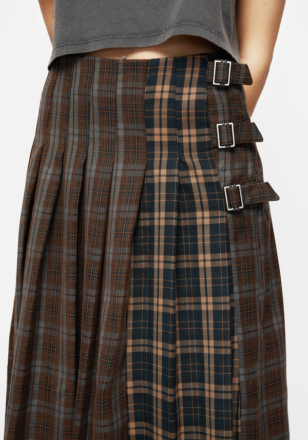 Raven Pleated Check Buckle Detail Maxi Skirt
