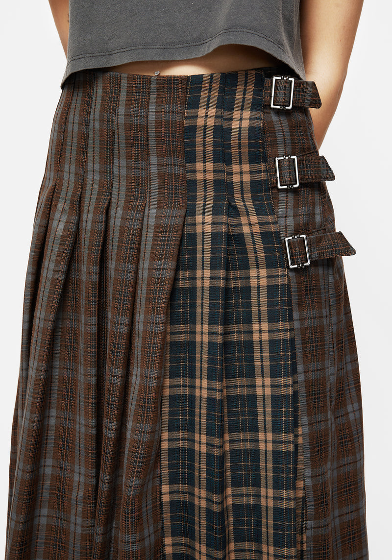 Raven Pleated Check Buckle Detail Maxi Skirt