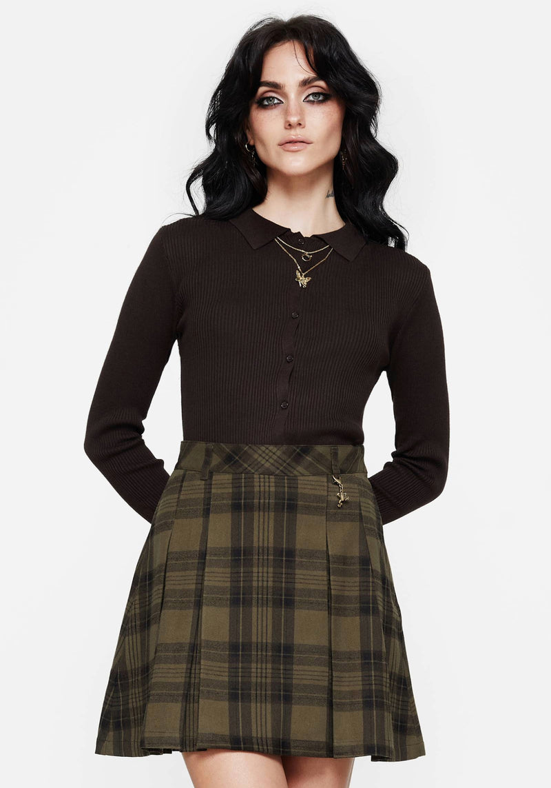 Cecily Check Pleated Mini Skirt With Frog Charm
