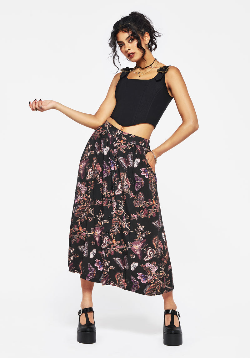 Eloise Floral Butterfly Print Button Up Midi Skirt