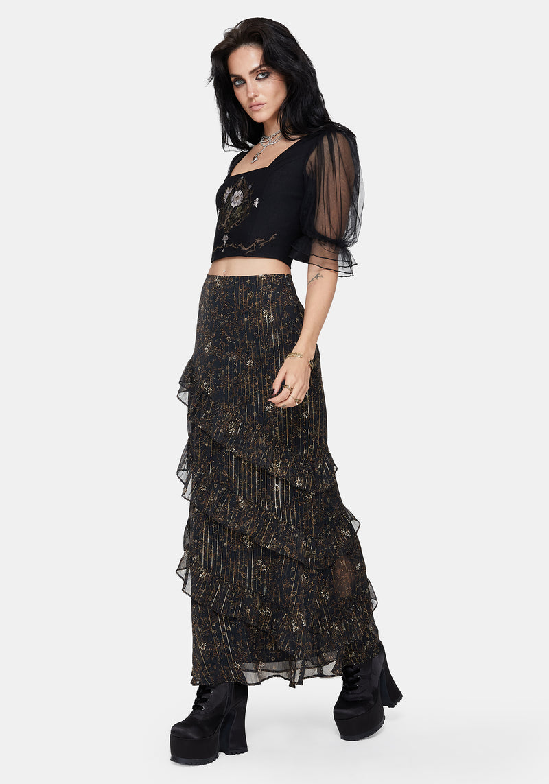 Astralis Floral Stripe Asymmetric Ruffle Tiered Maxi Skirt