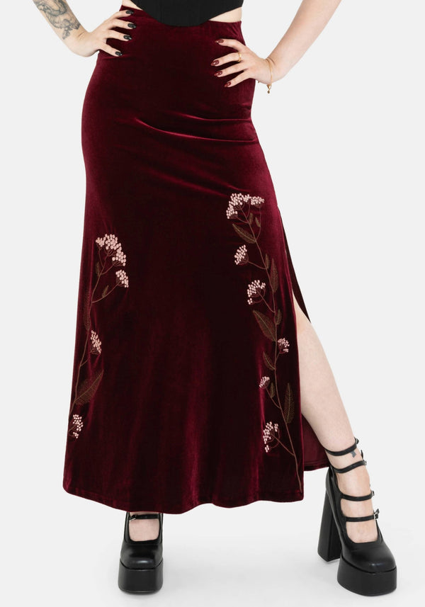 Virosa Floral Embroidered Velour Maxi Skirt