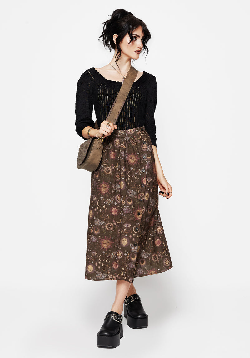 Rhea Cotton Blend Moth and Moon Print Midaxi Skirt
