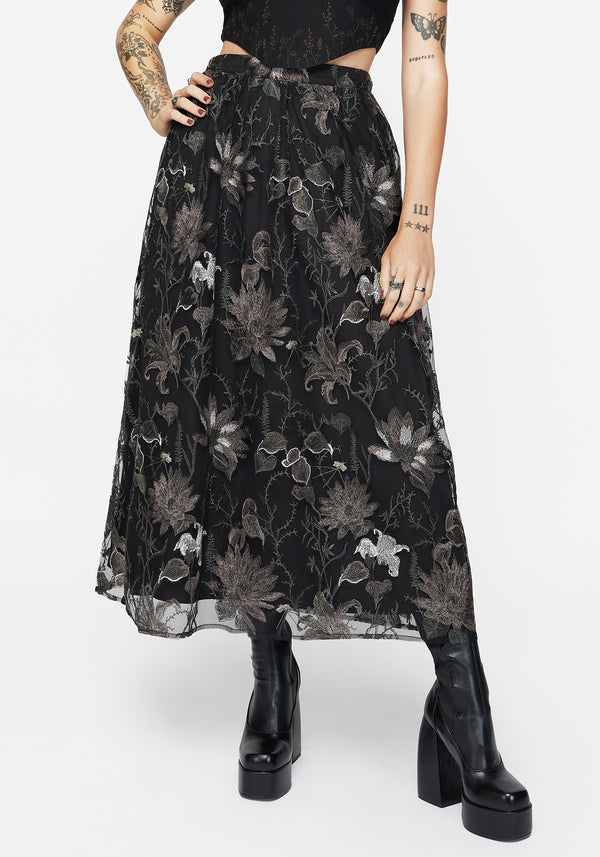 Estrid Embroidered Mesh Midaxi Skirt - Silver