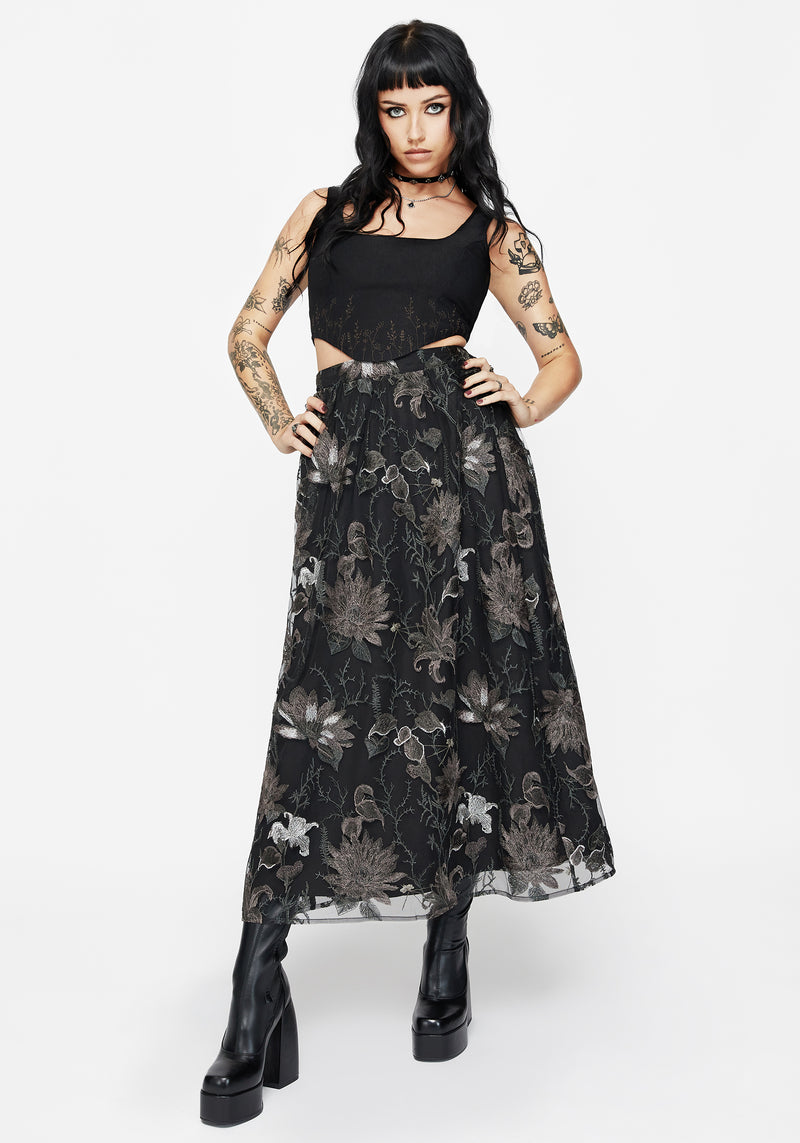 Estrid Embroidered Mesh Midaxi Skirt - Silver