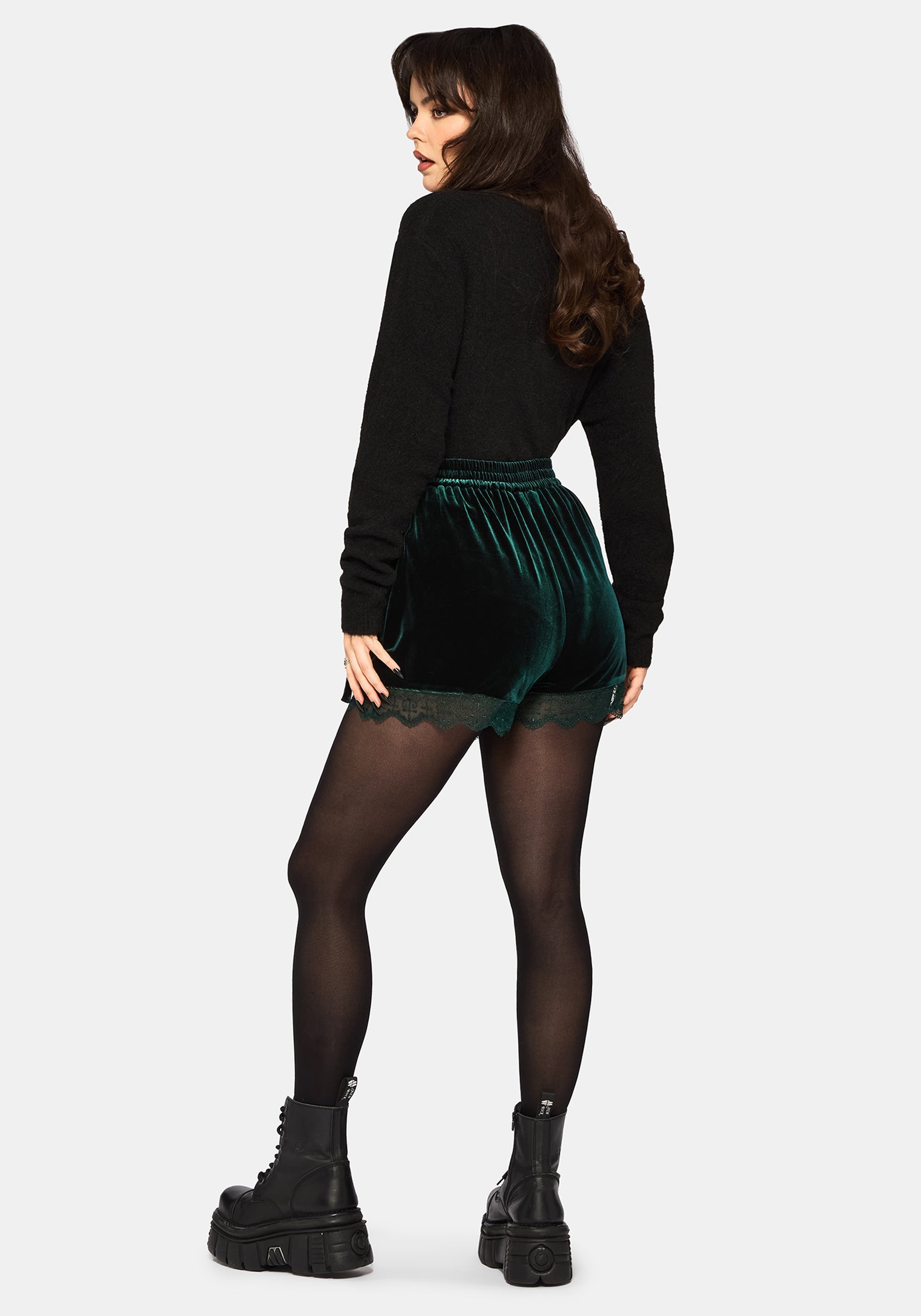 Deva Velour Lace Trim Tie Waist Skort - Dark Green