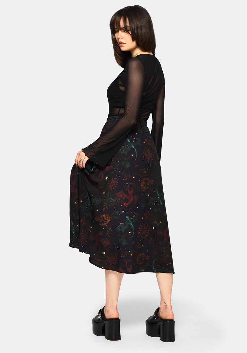 Phoenix Dragon Printed Pleated Midi Skirt
