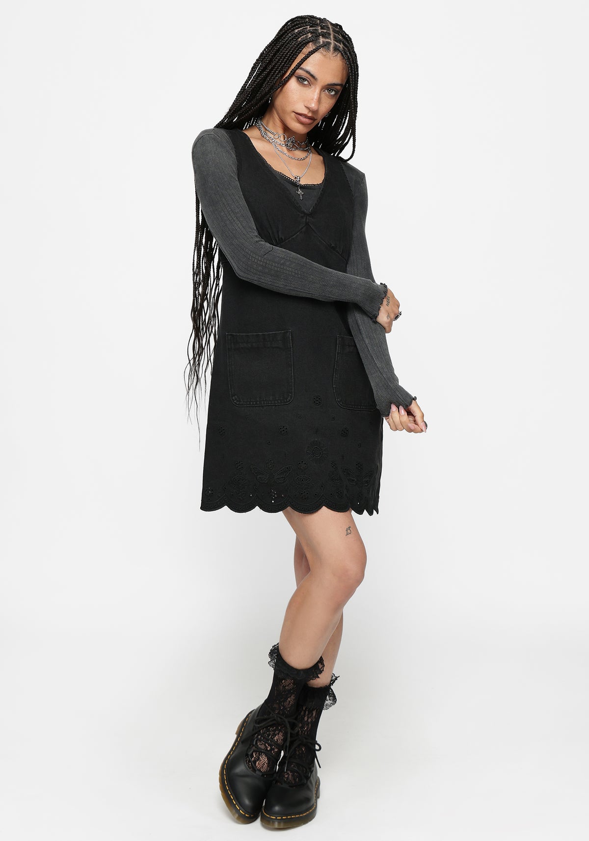 Ayr Broderie Denim Pinafore Dress