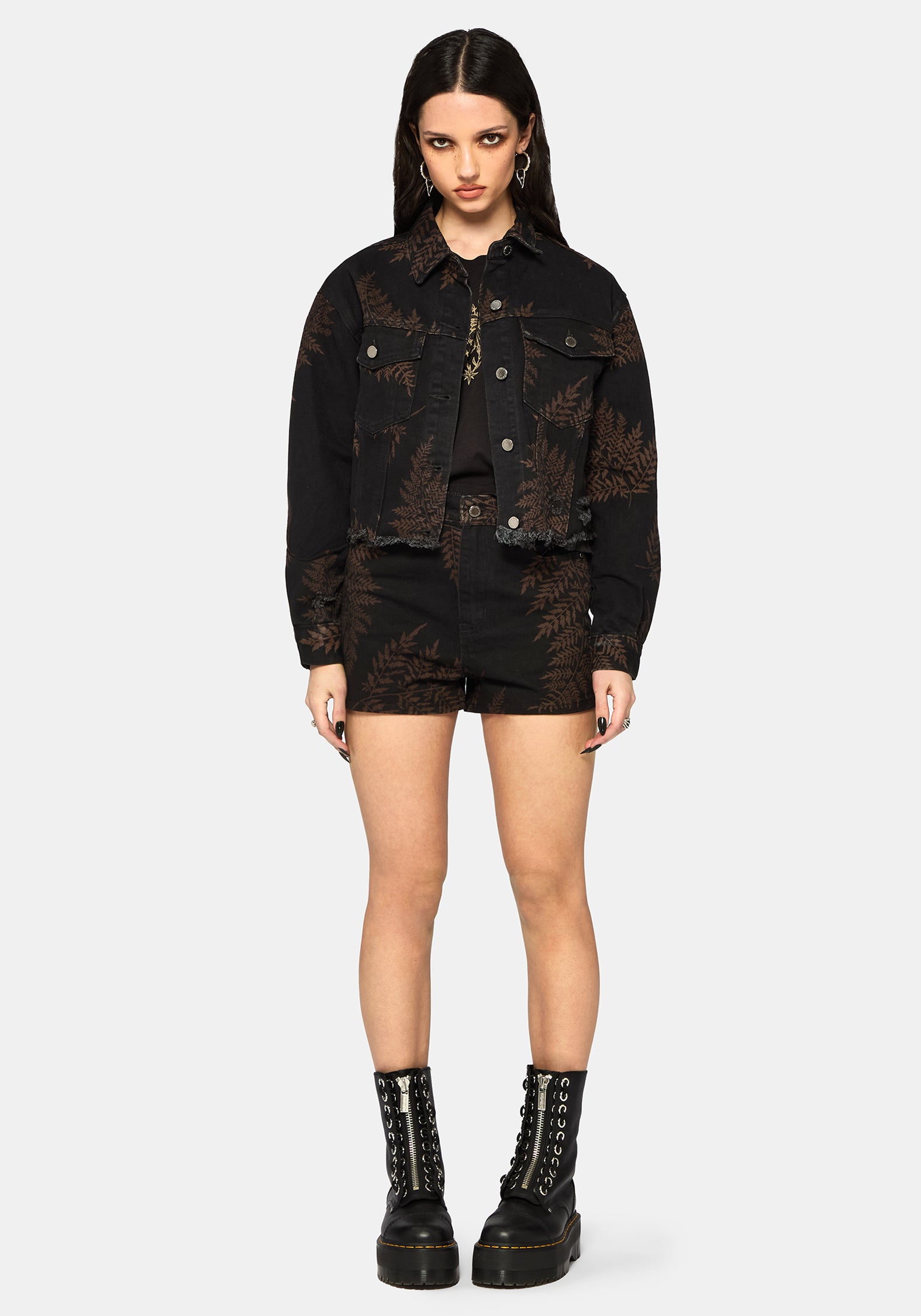 Ruin Fern Printed Distressed Denim Jacket
