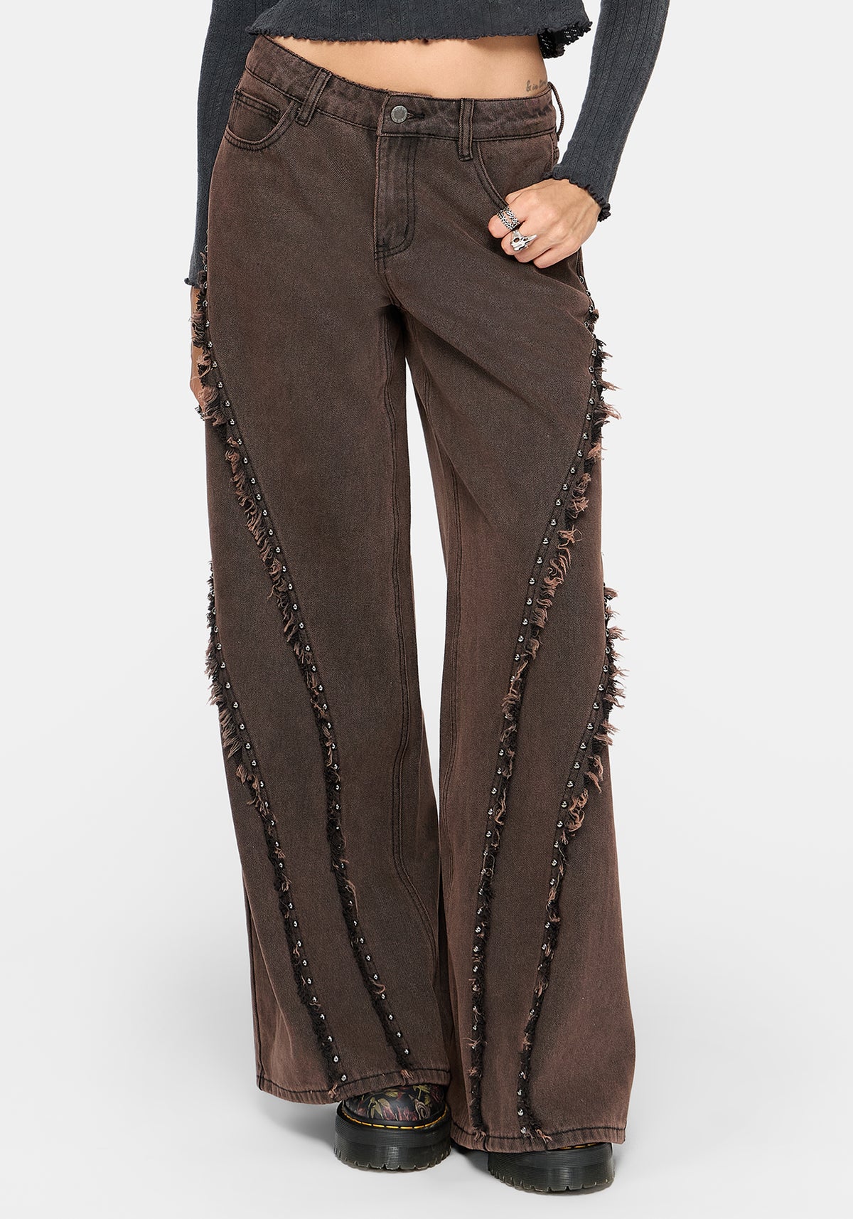 Otis Studded Frayed Relaxed Wide Leg Jean
