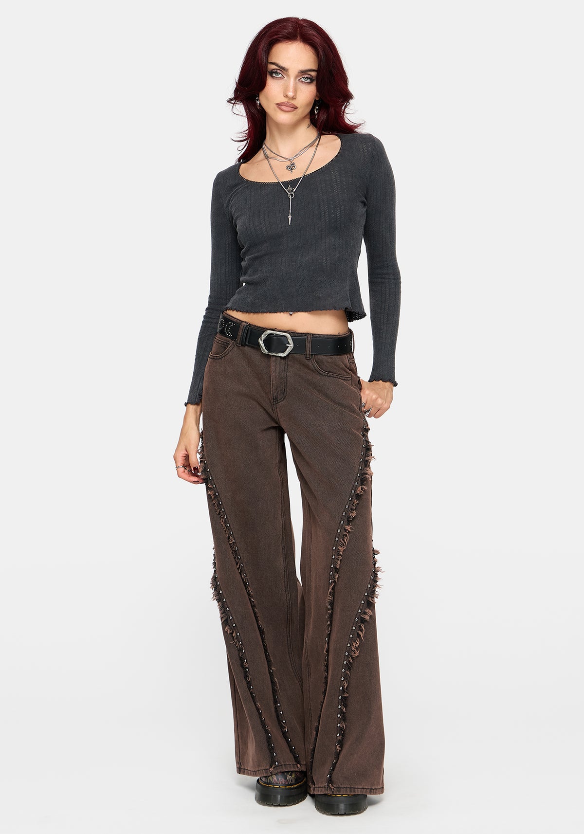 Otis Studded Frayed Relaxed Wide Leg Jean