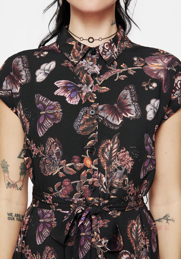 Eloise Floral Butterfly Print Button Up Midi Dress