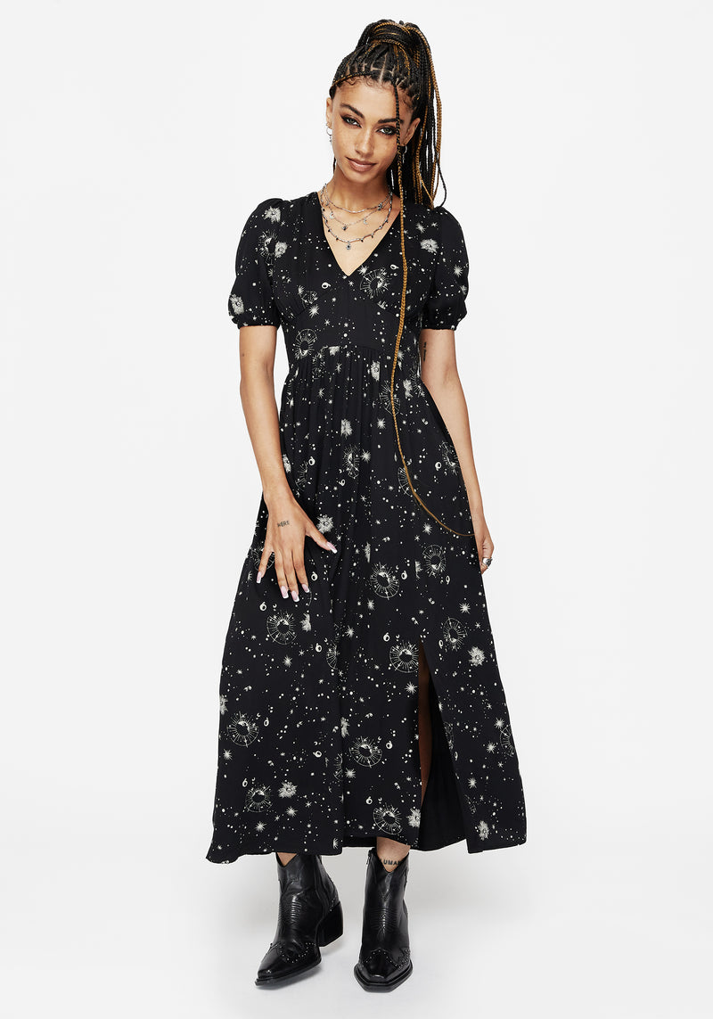Comet Celestial Printed Puff Sleeve Midaxi Dress