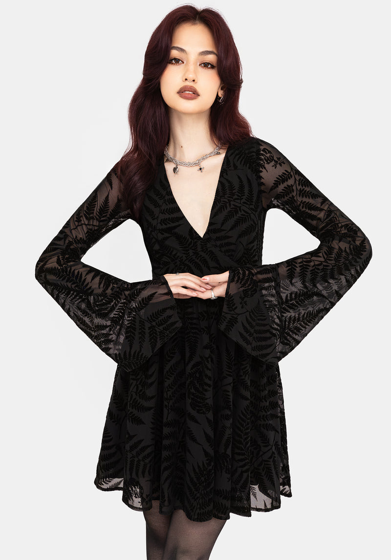 Lunafern Fern Leaf Flocked Mesh Flute Sleeve Mini Dress