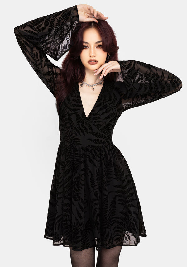 Lunafern Fern Leaf Flocked Mesh Flute Sleeve Mini Dress