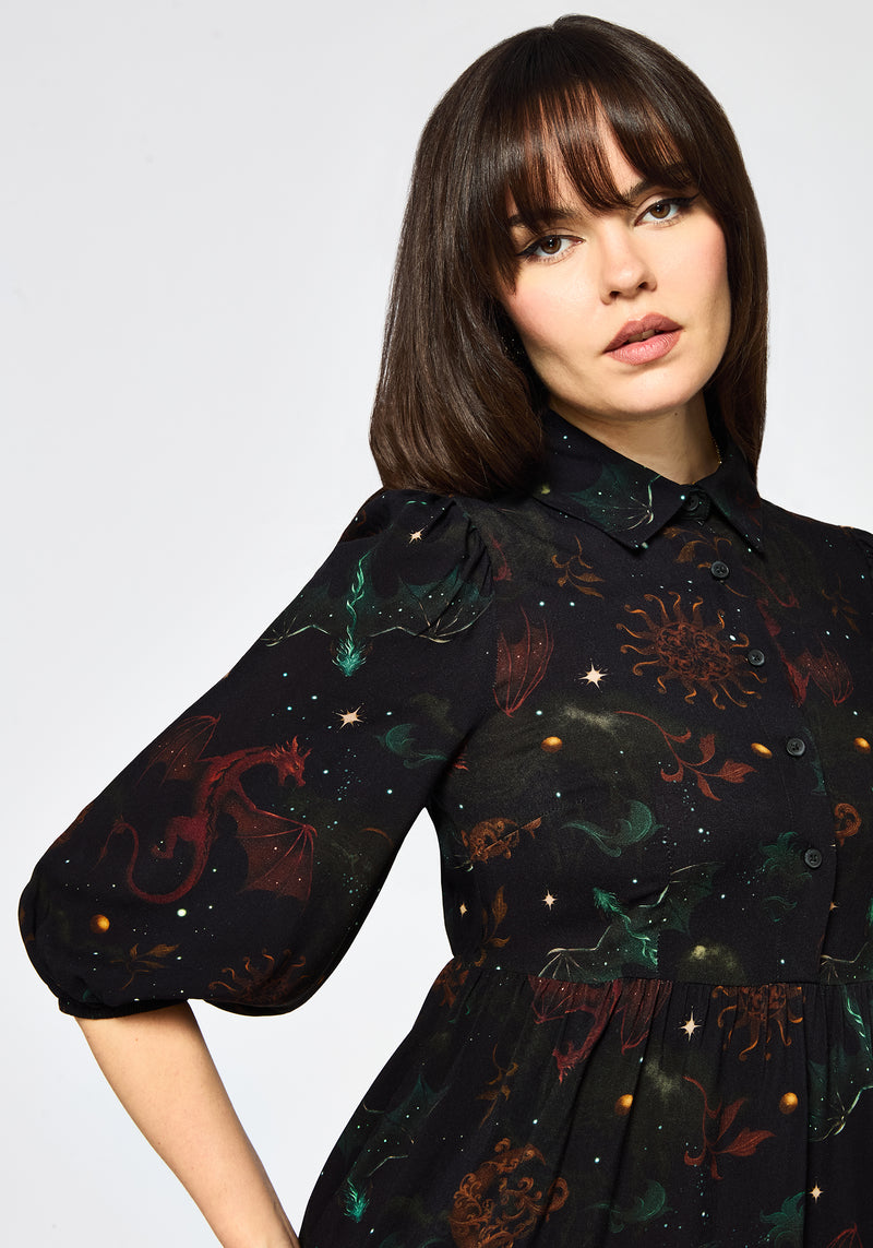 Phoenix Dragon Printed Mini Shirt Dress