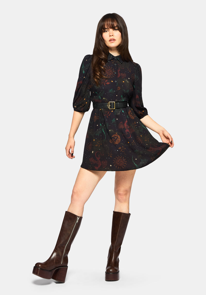 Phoenix Dragon Printed Mini Shirt Dress