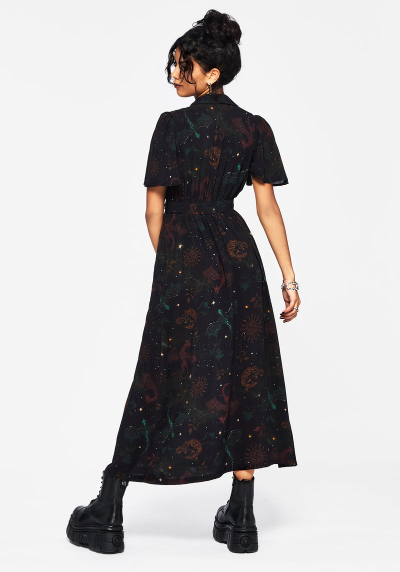 Phoenix Dragon Printed Wrap Midaxi Shirt Dress