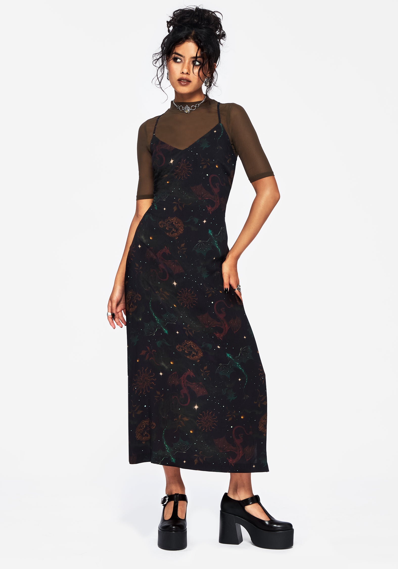 Phoenix Dragon Printed Cami Midi Dress