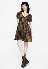 Terra Cotton Check Smock Mini Dress - Brown