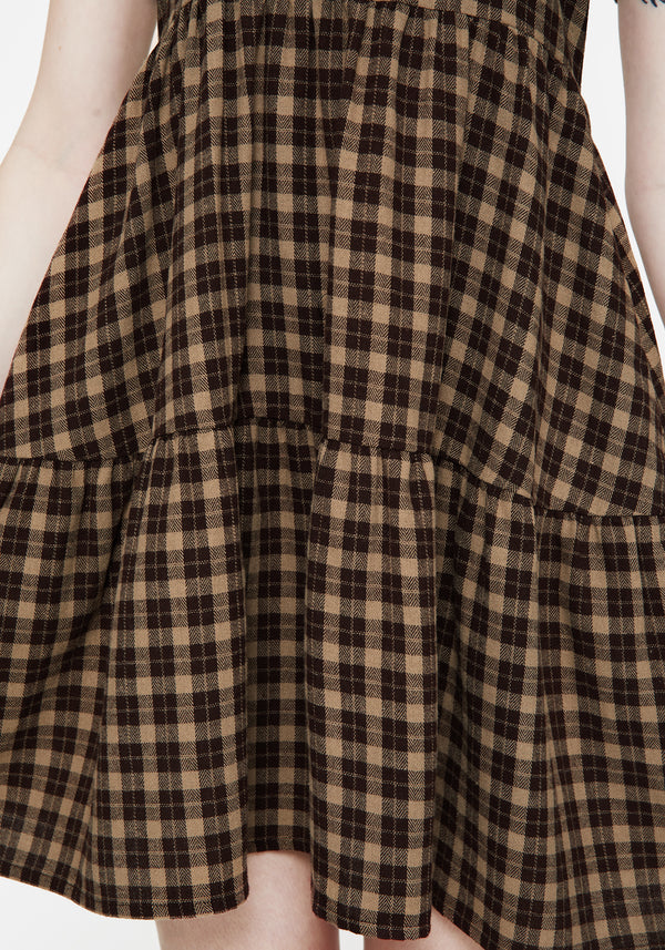 Terra Cotton Check Smock Mini Dress - Brown