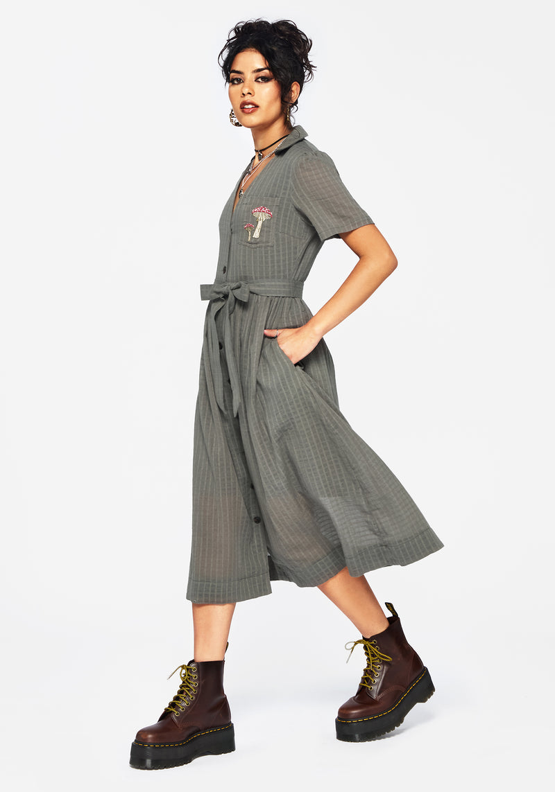 Koax Cotton Check Embroidered Button Up Midi Shirt Dress