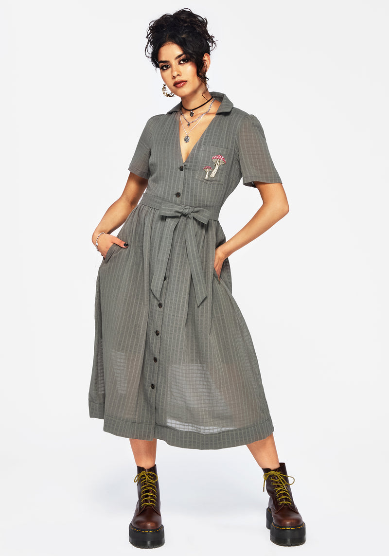 Koax Cotton Check Embroidered Button Up Midi Shirt Dress