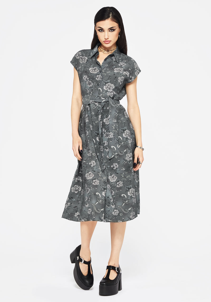 Meadow Floral Serpent Print Midi Shirt Dress