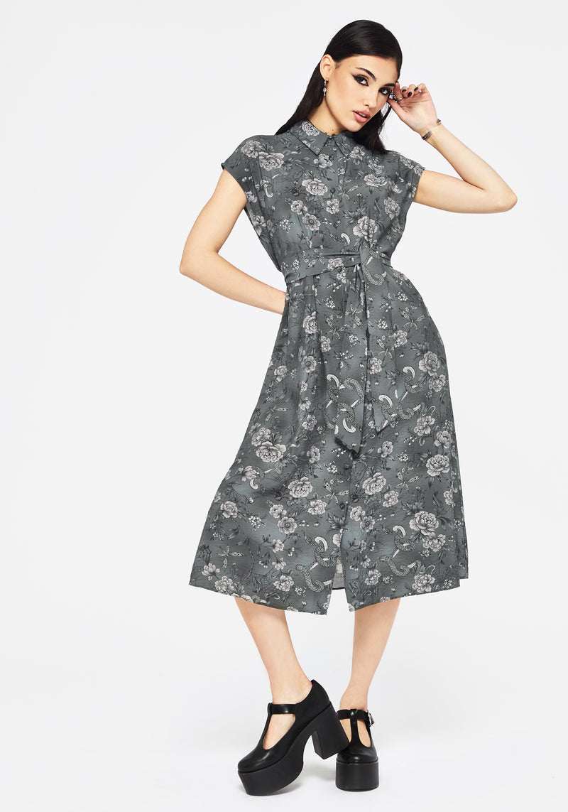 Meadow Floral Serpent Print Midi Shirt Dress