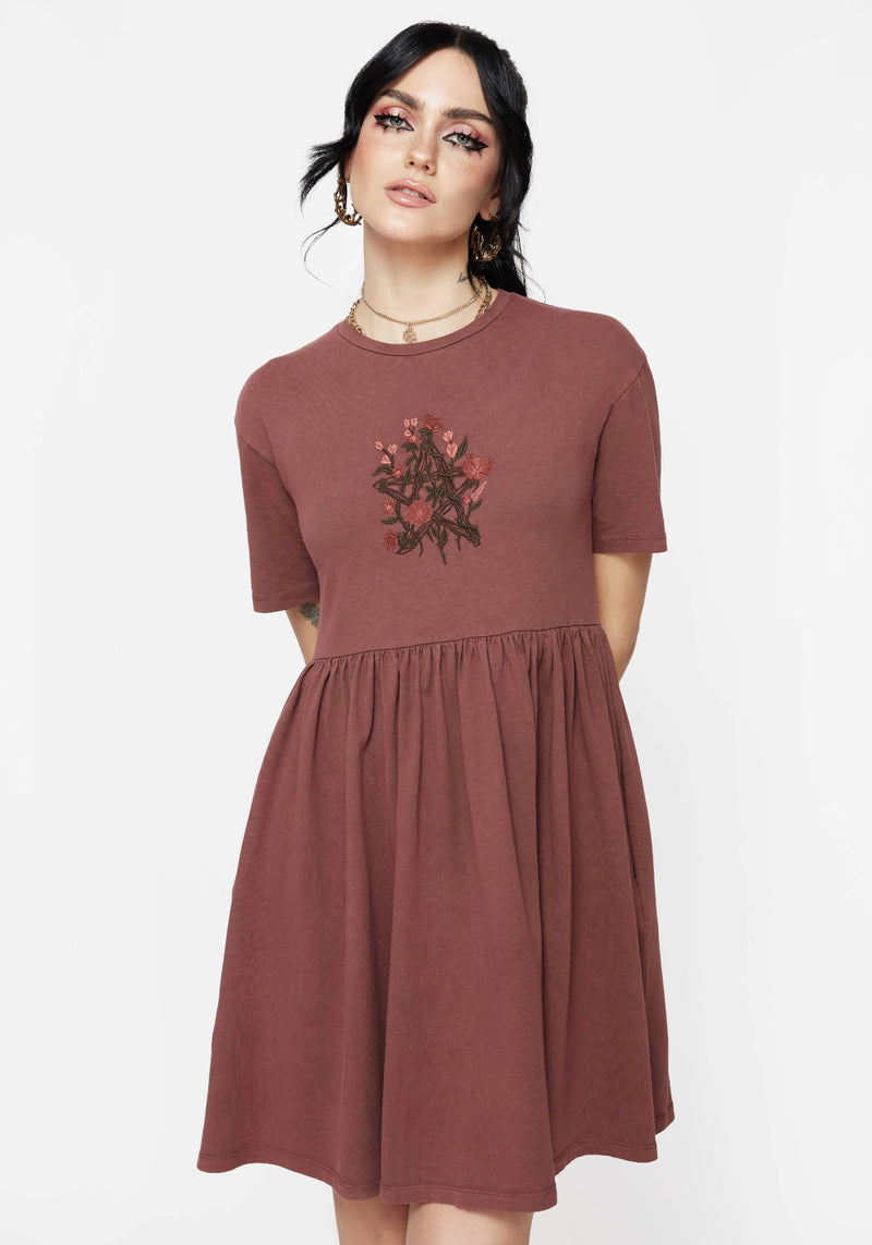 Aster Cotton Pentagram Embroidered Mini Skater Dress