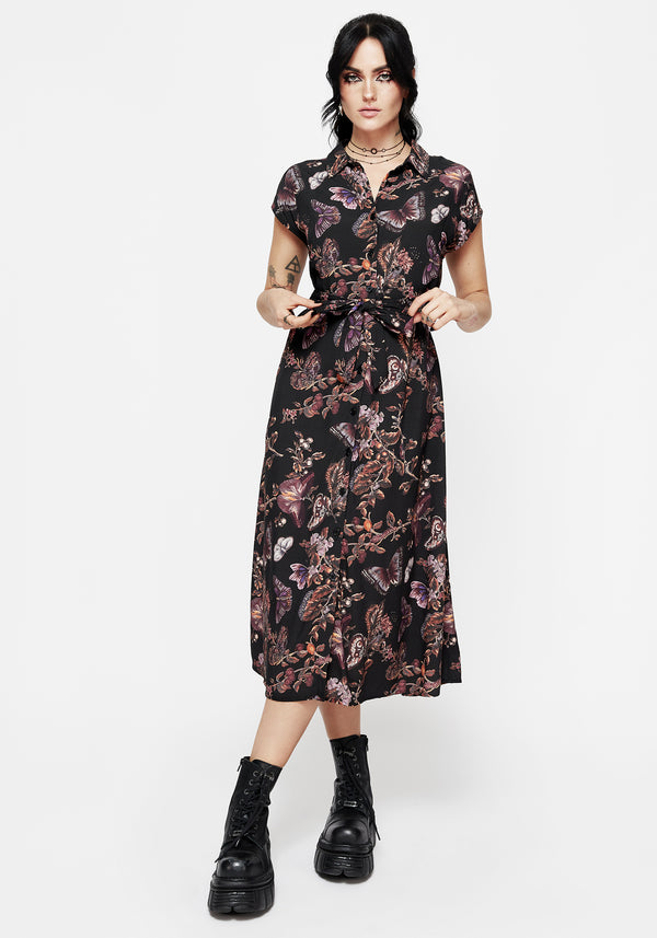 Eloise Floral Butterfly Print Button Up Midi Dress