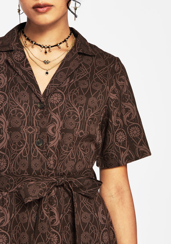 Fianna Button Front Mini Dress - Brown