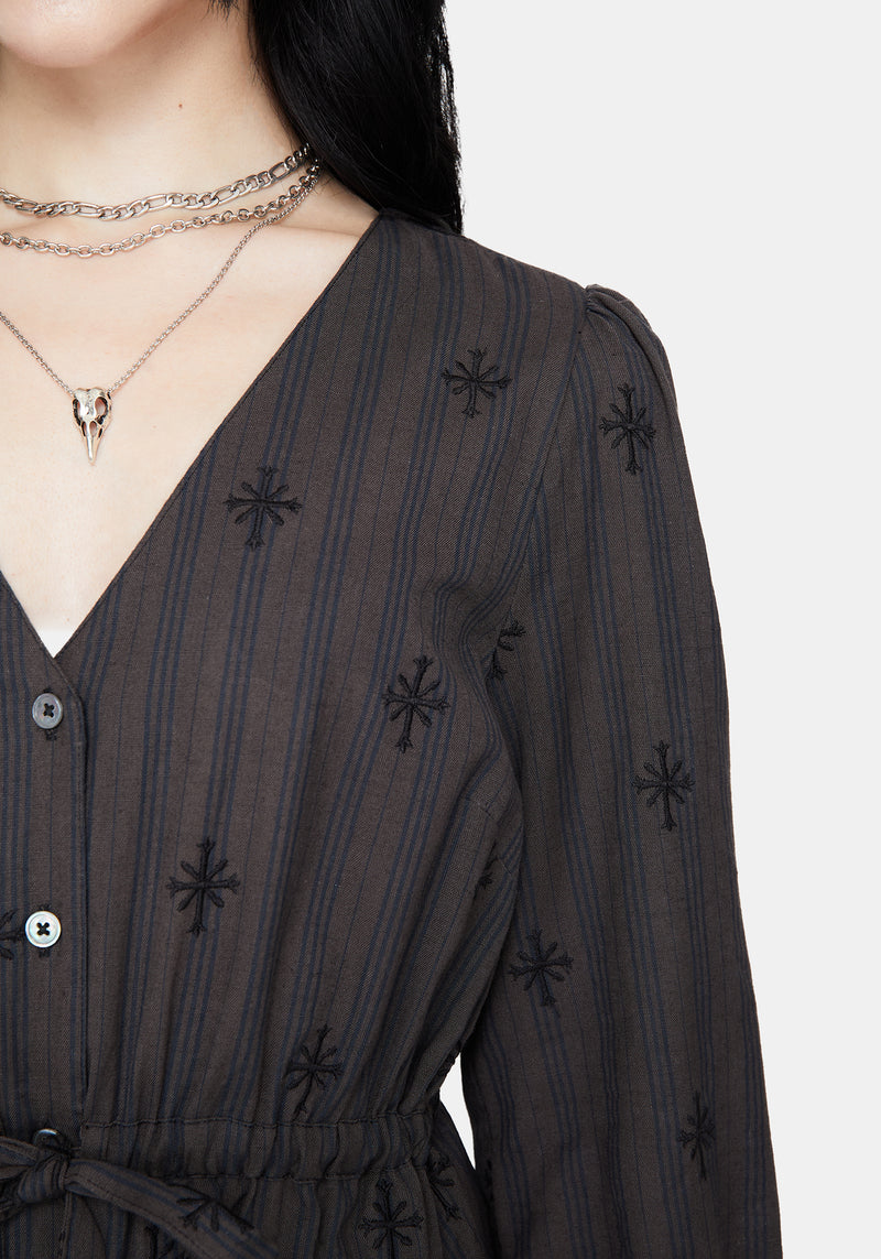 Diana Cotton Blend Stripe Cross Embroidered Mini Dress